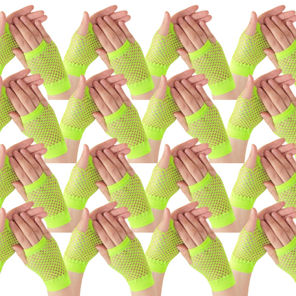 24 Pair Fishnet Gloves Fingerless Wrist Length 70s80s Costume Party Fluro Yellow.