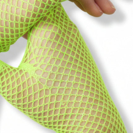 24 Pair Fishnet Gloves Fingerless Wrist Length 70s80s Costume Party Fluro Yellow.