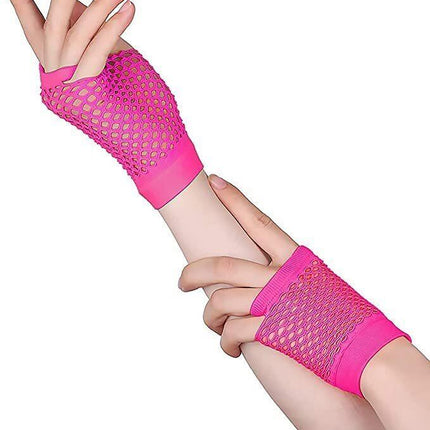24 Pair Fishnet Gloves Fingerless Wrist Length 70s 80s Costume Party - Hot Pink.