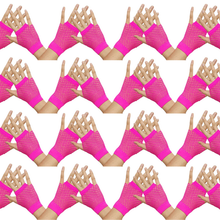 24 Pair Fishnet Gloves Fingerless Wrist Length 70s 80s Costume Party - Hot Pink.