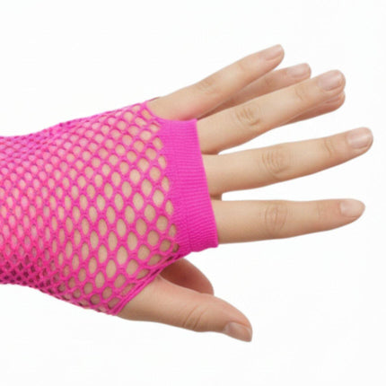 24 Pair Fishnet Gloves Fingerless Wrist Length 70s 80s Costume Party - Hot Pink.