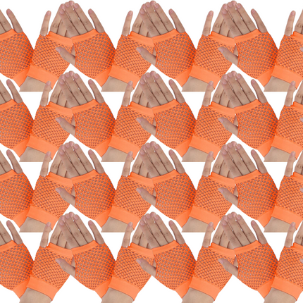 24 Pair Fishnet Gloves Fingerless Wrist Length 70s 80s Costume Party - Orange.