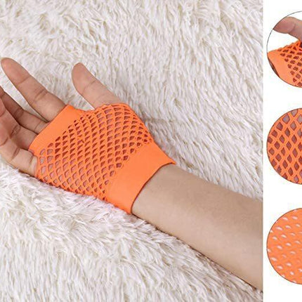 24 Pair Fishnet Gloves Fingerless Wrist Length 70s 80s Costume Party - Orange.