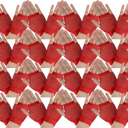 24 Pair Fishnet Gloves Fingerless Wrist Length 70s 80s Costume Party Bulk - Red.