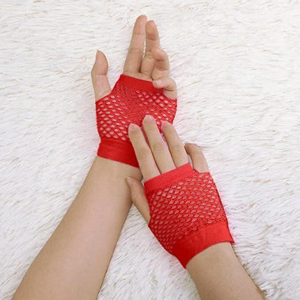 24 Pair Fishnet Gloves Fingerless Wrist Length 70s 80s Costume Party Bulk - Red.