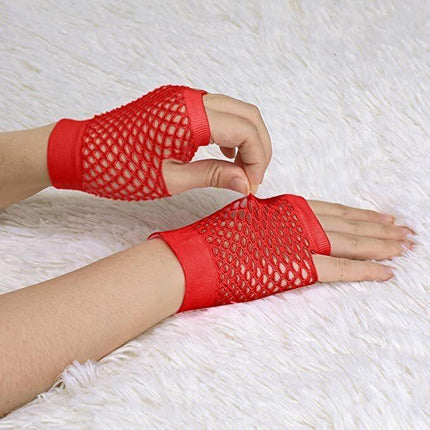 24 Pair Fishnet Gloves Fingerless Wrist Length 70s 80s Costume Party Bulk - Red.