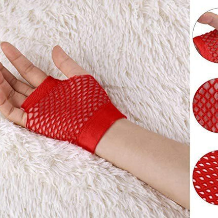 24 Pair Fishnet Gloves Fingerless Wrist Length 70s 80s Costume Party Bulk - Red.