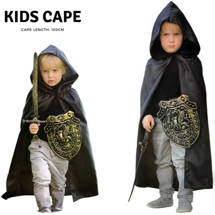 Kids Cape Cloak Hooded Robe Halloween Vampire Witch Wizard 120cm Hood - Black.