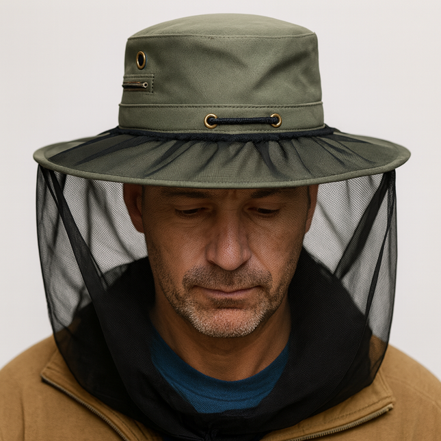 Deluxe MOSQUITO HAT NET Head Protector Bee Bug Mesh Mozzie Insect Fishing Fly - Black.
