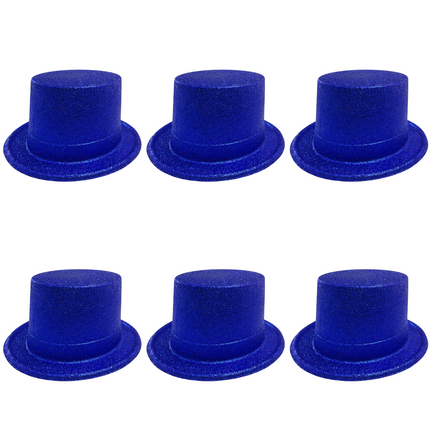 6x Glitter Top Hat Fancy Party Plastic Costume Tall Cap Fun Bulk - Blue.