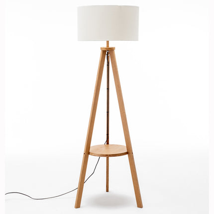 Natural Wooden Tripod Floor Lamp w/ Round Wood Shelf + Off White Linen Shade.