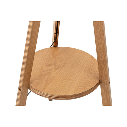 Natural Wooden Tripod Floor Lamp w/ Round Wood Shelf + Off White Linen Shade.