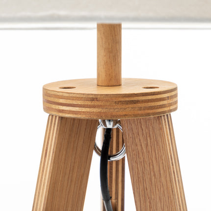 Natural Wooden Tripod Floor Lamp w/ Round Wood Shelf + Off White Linen Shade.