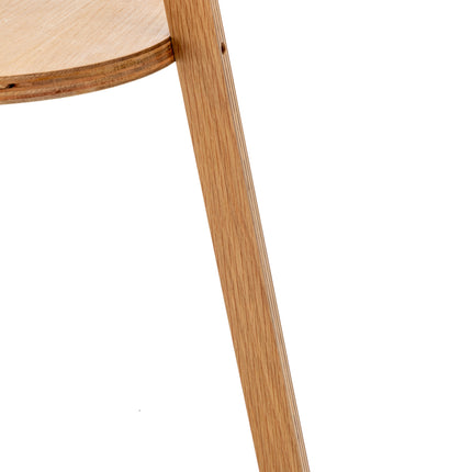 Natural Wooden Tripod Floor Lamp w/ Round Wood Shelf + Off White Linen Shade.