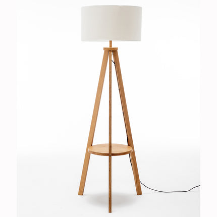 Natural Wooden Tripod Floor Lamp w/ Round Wood Shelf + Off White Linen Shade.