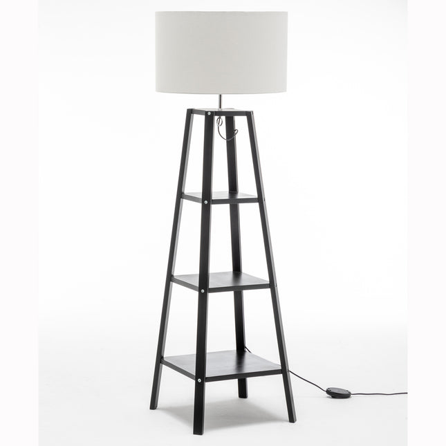 Eiffel 3 Tier Natural Wood Floor Lamp w/ Storage Shelves + Off White Linen Shade.