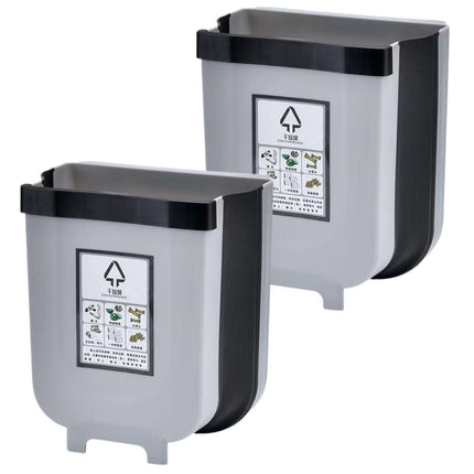2x 9L Kitchen Wall Mounted Foldable Waste Bin Hanging Trash Can - Brown.