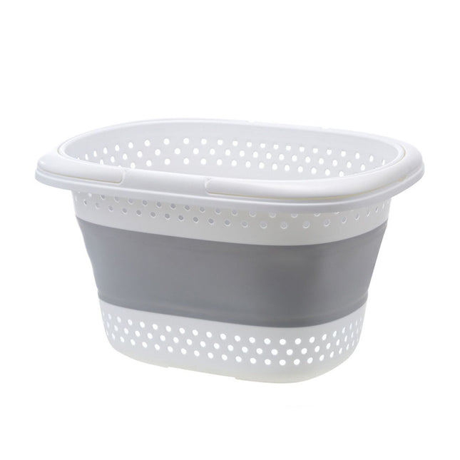 28L Foldable Laundry Washing Basket with Handle Collapsible - Grey/White.