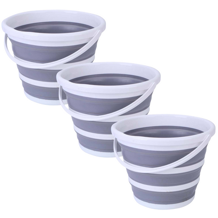 3x 10L Foldable Collapsible Bucket Silicone Hiking/Camping/Fishing - Grey/White.