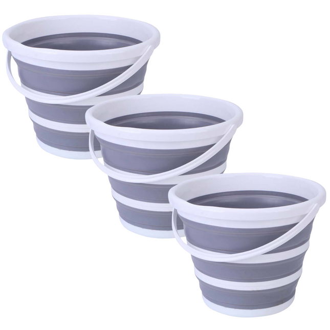 3x 10L Foldable Collapsible Bucket Silicone Hiking/Camping/Fishing - Grey/White.