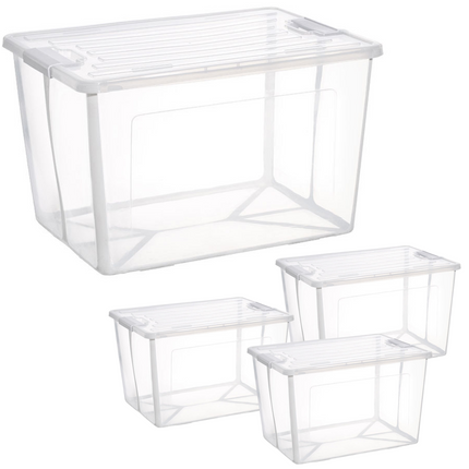 4x 57 Litre Modular Clear Foldable Storage Box with Lid Plastic Tub Collapsible.