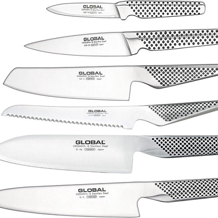 Global Zeitaku 7-Piece Japanese Knife Block Set Made in Japan in Black.
