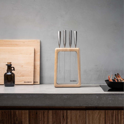 Global Hashira 5-Piece Japanese Knife Block Set Maple Stainless Steel - Made in Japan.
