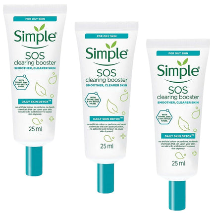 3x Simple 25ml SOS Clearing Booster Long Lasting Shine & Blemish Control.