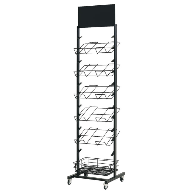 12 Tier Placemat Brochure Magazine Newspaper Display Rack Storage Stand on Wheels - Black Frame.