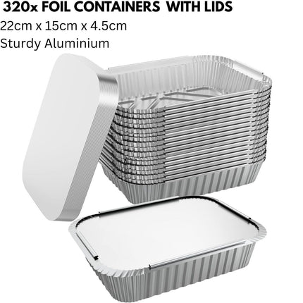 320x Aluminium Disposable Foil Food Container Trays Pans w/ Lids Covers Bulk 22x15x4.5cm.