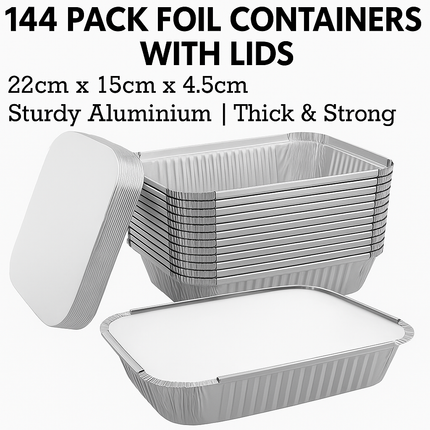 144x Aluminium Disposable Foil Food Container Trays Pans w/ Lids Covers Bulk 22cm*15cm*4.5cm.