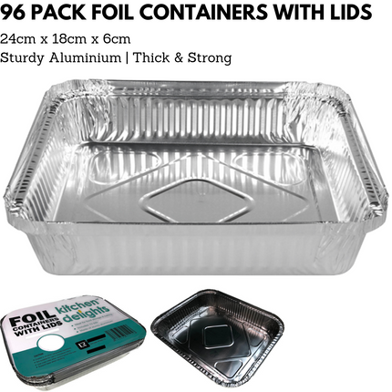 96x Aluminium Disposable Foil Food Container Trays Pans w/ Lids Covers Bulk 24cm*18cm*6cm.