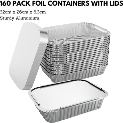 160x Aluminium Disposable Foil Food Container Trays Pans w/ Lids Covers Bulk 32cm*26cm*6.3cm.