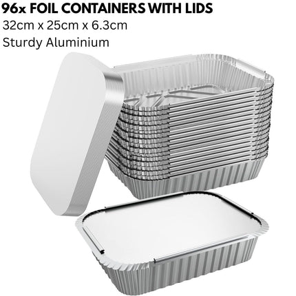 96x Aluminium Disposable Foil Food Container Trays Pans w/ Lids Covers Bulk 32cm*26cm*6.3cm.