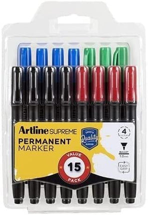 Artline Supreme Permanent Markers - Assorted Colours 15 pack.
