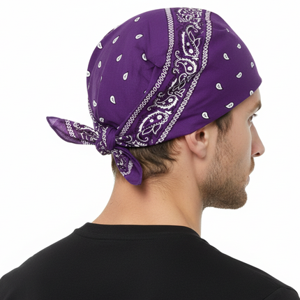 BANDANA Paisley 100% COTTON Head Wrap Durag Bandanna Summer Biker Scarf Mask - Purple.