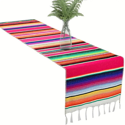 Rainbow Table Cloth Runner Stripe w/ Tassel Mexican Tablecloth Wedding Party Decor.
