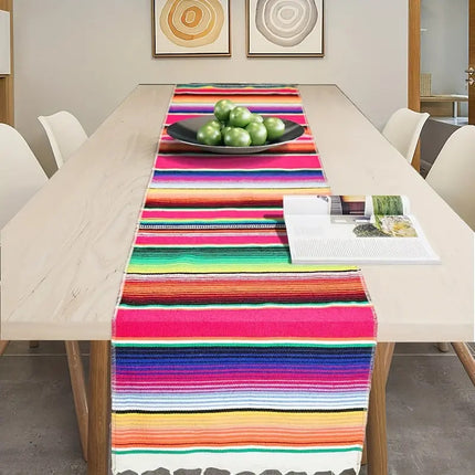 Rainbow Table Cloth Runner Stripe w/ Tassel Mexican Tablecloth Wedding Party Decor.