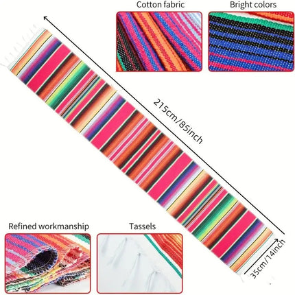 Rainbow Table Cloth Runner Stripe w/ Tassel Mexican Tablecloth Wedding Party Decor.