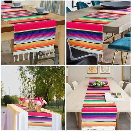 Rainbow Table Cloth Runner Stripe w/ Tassel Mexican Tablecloth Wedding Party Decor.