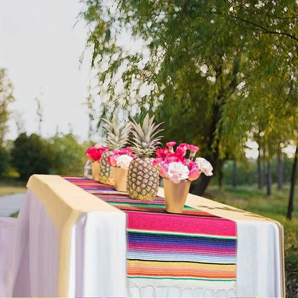 Rainbow Table Cloth Runner Stripe w/ Tassel Mexican Tablecloth Wedding Party Decor.