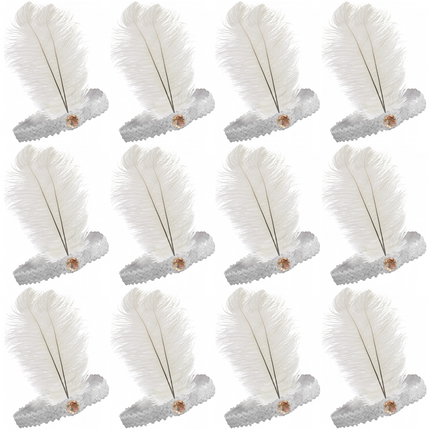 12x 1920s FLAPPER HEADBAND Headpiece Feather Sequin Charleston Gatsby Party BULK - White.