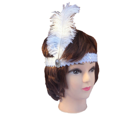 12x 1920s FLAPPER HEADBAND Headpiece Feather Sequin Charleston Gatsby Party BULK - White.