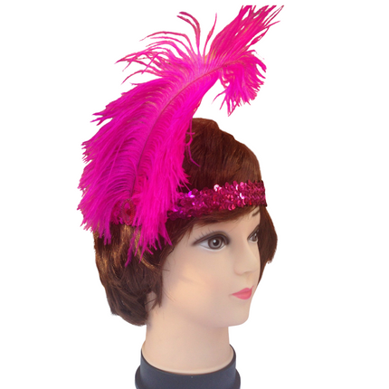 3x 1920s FLAPPER HEADBAND Headpiece Feather Sequin Charleston Costume Gatsby - Hot Pink.