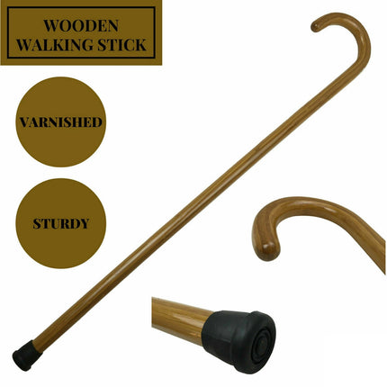 92cm WOODEN WALKING STICK Wood Cane Pole Carved Varnished Deluxe Quality Sturdy - Brown.