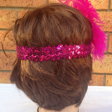 1920s FLAPPER HEADBAND Headpiece Feather Sequin Charleston Costume Gatsby Dance - Hot Pink.