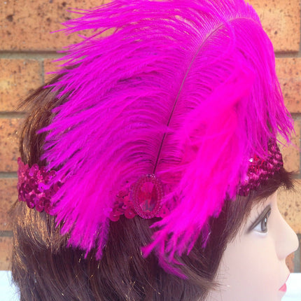 1920s FLAPPER HEADBAND Headpiece Feather Sequin Charleston Costume Gatsby Dance - Hot Pink.
