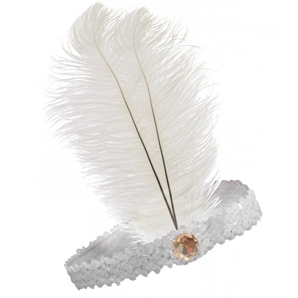 1920s FLAPPER HEADBAND Headpiece Feather Sequin Charleston Costume Gatsby Dance - White.