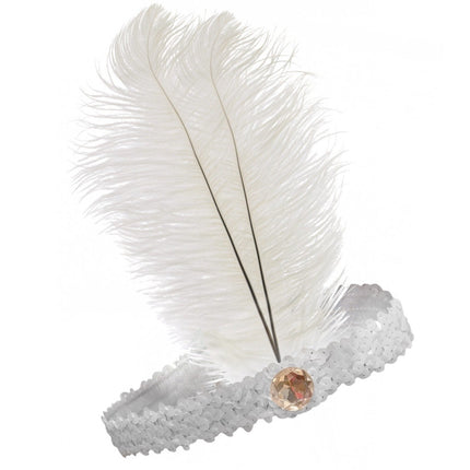 1920s FLAPPER HEADBAND Headpiece Feather Sequin Charleston Costume Gatsby Dance - White.