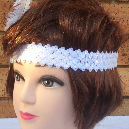 1920s FLAPPER HEADBAND Headpiece Feather Sequin Charleston Costume Gatsby Dance - White.